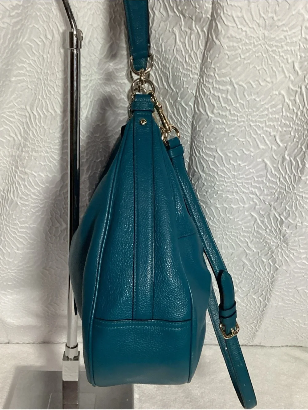 COACH Teal Pebbled Leather Harley East West Hobo Bag with Charm & Long Strap EUC